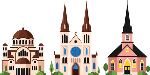 Christian Church Architecture Vector Set with Cathedral, Basilica, and Chapel Buildings for Religion, Faith, Worship, and Travel Illustrations