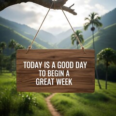 Fototapeta premium Wooden sign with motivational quote hanging from a tree branch with lush greenery and mountains in the background