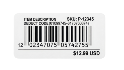 Isolated Barcode Sticker with Item Description SKU and Price $12.99 USD Vector isolated PNG with Transparent Background
