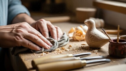 Close-up of a person's hands working on a wood carving project with tools and a wooden bird on a