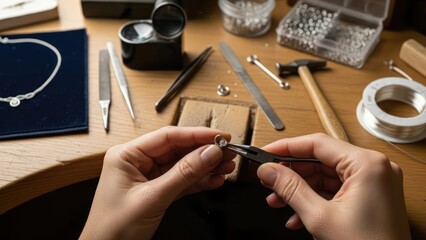 Close-up of hands working on small jewelry piece at a cluttered workbench with various tools and
