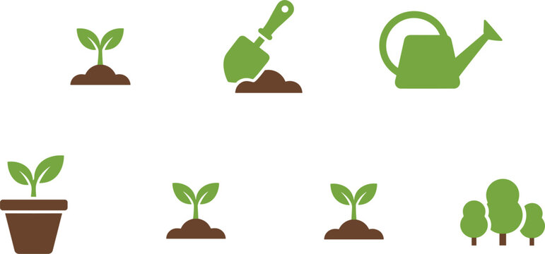 Gardening and agricultural icon set featuring green plant seedlings, garden hand trowel, watering can, potted plants, and forest trees for environmental sustainability