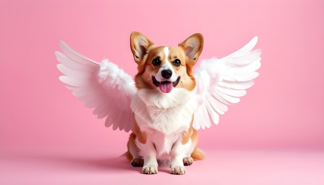 cute corgi dog wearing white cupid wings on pastel pink background for valentine's day concept