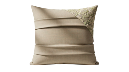 Beige Decorative Throw Pillow Product Shot with Pleated Design and Embroidered Corner isolated PNG with Transparent Background