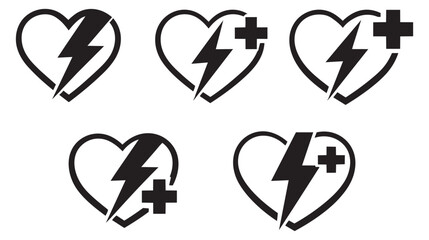 Line art medical icon set featuring heart shapes with lightning bolts and medical crosses for healthcare and emergency services