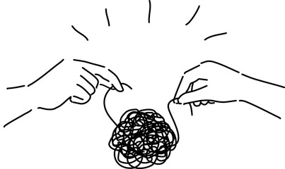 協力して絡まる糸をほどく手 チームワークと解決のシンプル線画