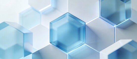 Abstract blue hexagonal crystalline structures form a modern, geometric pattern. Transparent, glossy, and futuristic, this design evokes science, technology, and molecular lattice concepts.