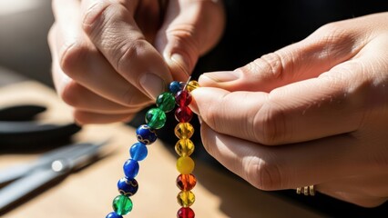Close-up of hands crafting a colorful beaded necklace on a table