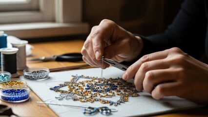Close-up of a person's hands threading beads onto a string on a wooden worktable with crafting
