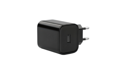 Black USB-C Wall Charger Product Shot with Two-Pin EU Plug isolated PNG with Transparent Background