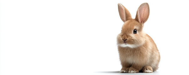 Obraz premium Brown rabbit small animal fluffy fur sitting posture isolated white background cute pet long ears soft texture young bunny adorable face