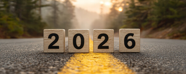Obraz premium 2026 year concept with wooden blocks on asphalt road with yellow line and forest background at sunrise