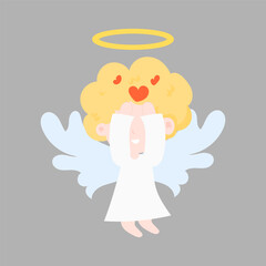 Cute cartoon angel fairy with pink dress and wings holding a heart and flying in the sky