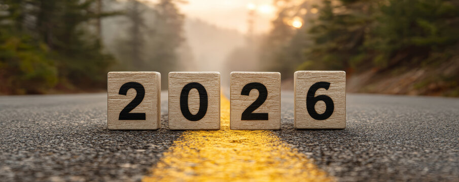 2026 year concept with wooden blocks on asphalt road with yellow line and forest background at sunrise