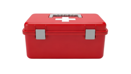 Clean Red Plastic First Aid Kit Box with White Cross Symbol isolated PNG with Transparent Background