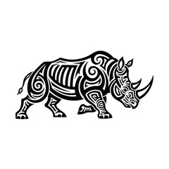 Obraz premium Tribal rhinoceros tattoo design with intricate swirling patterns and bold black lines.