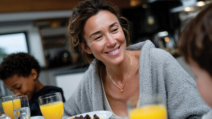 A delightful scene of a mother having breakfast with her child, surrounded by fresh food and vibrant emotions, highlighting the essence of family bonding.