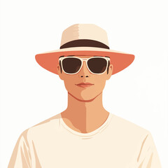 Portrait of a person wearing a hat and sunglasses focused on facial expression and clothing