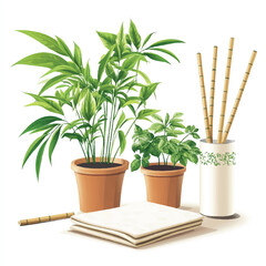 Potted plants bamboo sticks and folded towels create a serene natural composition.