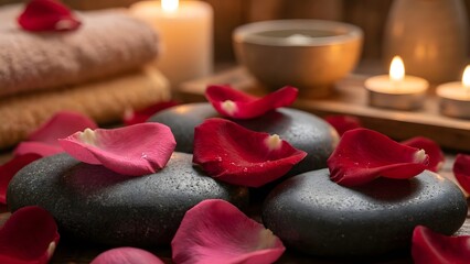 Serene Spa Scene with Stones and Rose Petals in a Peaceful Environment