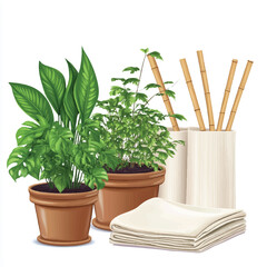 Potted plants bamboo sticks and folded towels create a serene natural composition.