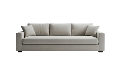 Minimalist Modern Light Grey Three Seater Sofa with Cushions Product Shot isolated PNG with Transparent Background
