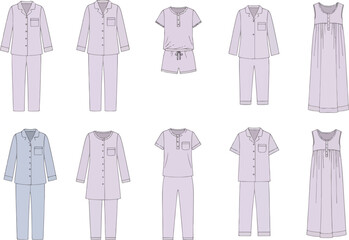 Five rows of two different styles of womens pajama sets and nightgowns