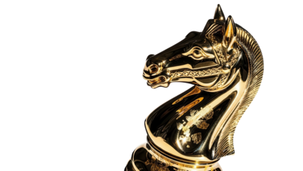 Luxury Golden Chess Knight Piece with Glossy Reflective Finish isolated PNG with Transparent Background