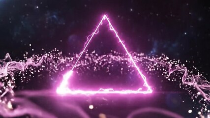 Glowing pink triangle portal with cosmic dust and particles abstract futuristic background for technology and science. - Powered by Adobe