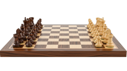Classic Wooden Chess Board with Dark and Light Chess Pieces Set Up for Game isolated PNG with Transparent Background