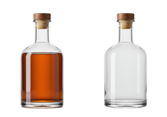 Two identical sleek glass liquor bottles, one full of golden amber spirits, one empty, with corks and walnut caps, on a reflective white surface against a transparent cyclorama. Concept for luxury
