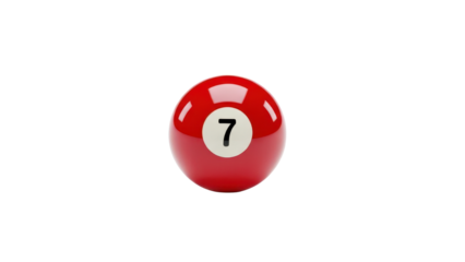 Single Glossy Red Pool Ball with Number Seven isolated PNG with Transparent Background