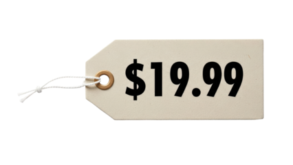 Isolated Light Brown Cardboard Price Tag with "$19.99" and String isolated PNG with Transparent Background