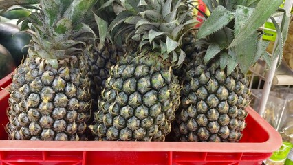 Fresh ripe pineapples stacked in a red crate at a local market, showing rough skin texture, green crowns, and tropical freshness.
