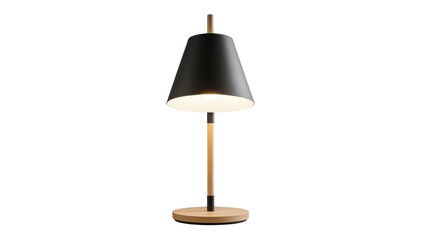 Obraz premium Modern Black Conical Table Lamp Product Shot with Wooden Stand Illuminated isolated PNG with Transparent Background