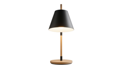 Modern Black Conical Table Lamp Product Shot with Wooden Stand Illuminated isolated PNG with Transparent Background