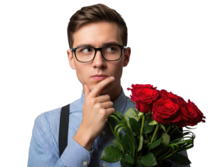 Thoughtful young man in glasses holding red roses and pondering isolated on transparent background