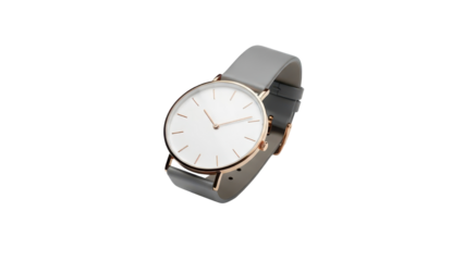 Minimalist Modern Rose Gold Wristwatch with White Face and Gray Leather Strap Product Shot isolated PNG with Transparent Background