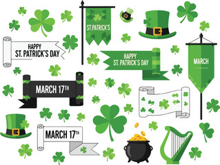 St. Patrick's Day celebration elements collage with shamrocks, leprechaun hat, and festive banners