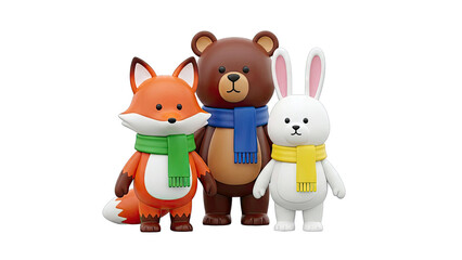 Fototapeta premium Cute Cartoon Fox, Bear, and Rabbit with Scarves