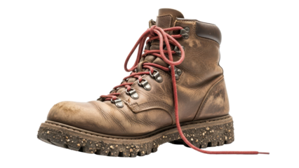 Single worn brown leather hiking boot with red laces and dirty sole isolated PNG with Transparent Background