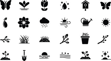 Spring season nature elements and gardening tools glyph icons set.