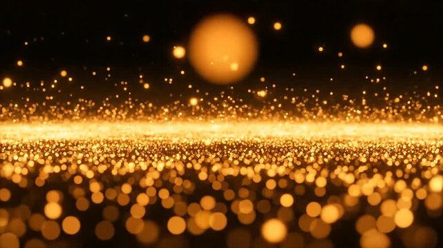 Golden particles floating in the dark background with a shiny light streak
