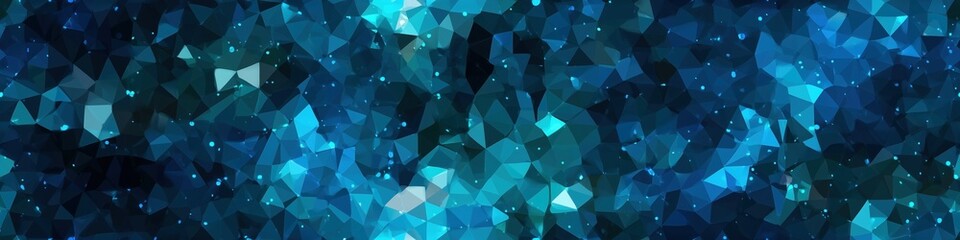 Obraz premium Seamless abstract low-poly background with a horizontal composition of bright cyan and deep blue crystalline triangle shapes, sparkling with small lights. Digital and geometric.