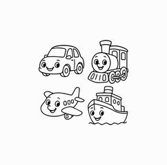 Obraz premium Vehicles with Friendly Faces Coloring Page for Kids
