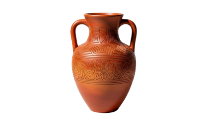 Traditional Terracotta Clay Amphora with Engraved Pattern and Two Handles isolated PNG with Transparent Background