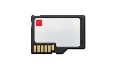 Black Memory SD Card with White Label and Red Square Detail isolated PNG with Transparent Background