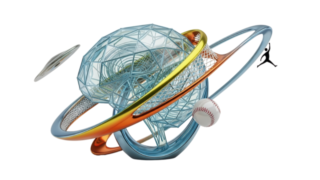 Abstract 3D Render: Wireframe Brain, Orbiting Rings, Baseball, Muscle, and Jumping Human Silhouette isolated PNG with Transparent Background - Powered by Adobe