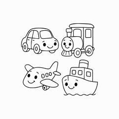 Obraz premium Vehicles with Friendly Faces Coloring Page for Kids