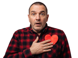 Man holding red heart to chest, expressing love or affection emotion isolated on transparent background